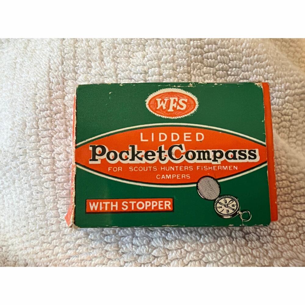 Vintage WFS Lidded Pocket Compass Japan w/ Box Stopper Scouts Hunters Campers